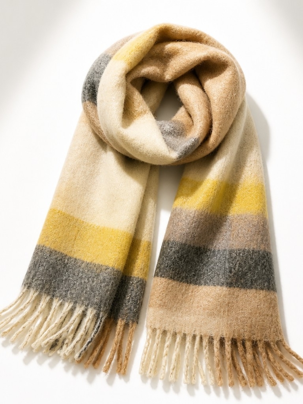 Striped Fringe Wrap Scarf in Cream, Yellow & Gray